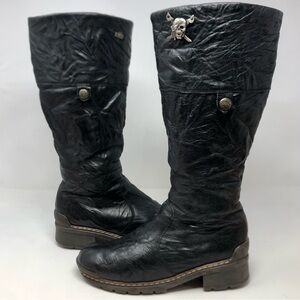 Rieker Tall Knee High Black Leather Boots Riding Biker Soft Lined Side Zip